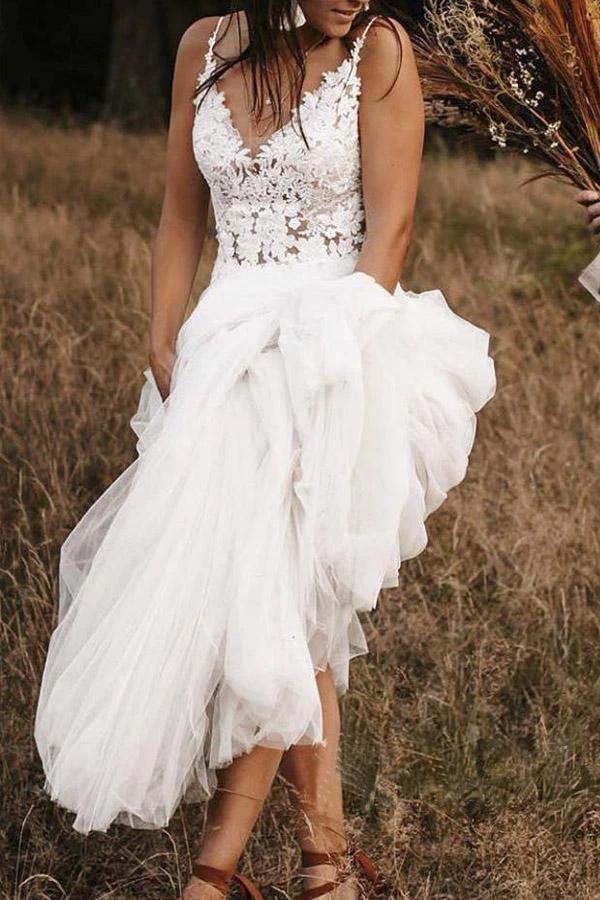 Lace Bodice V Neck Bridal Dresses Ivory Backless A Line Wedding Dresses (ZD16007)