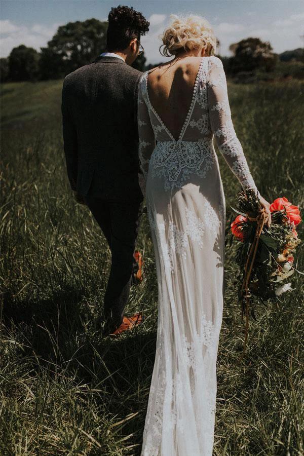 Lace Long Sleeve Backless Boho Wedding Gowns Rustic Wedding Dress (ZD15276)