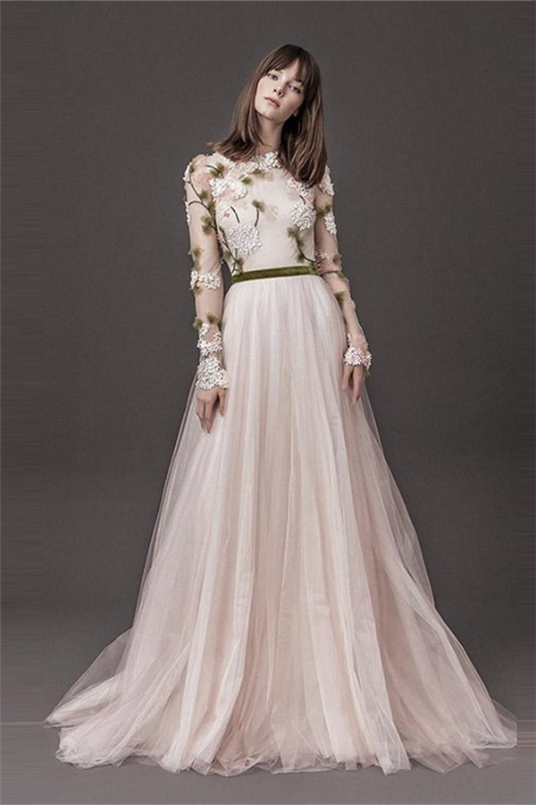 Lace Long Sleeves Floral A-Line Wedding Dresses Pleated Tulle Bridal Gowns Online