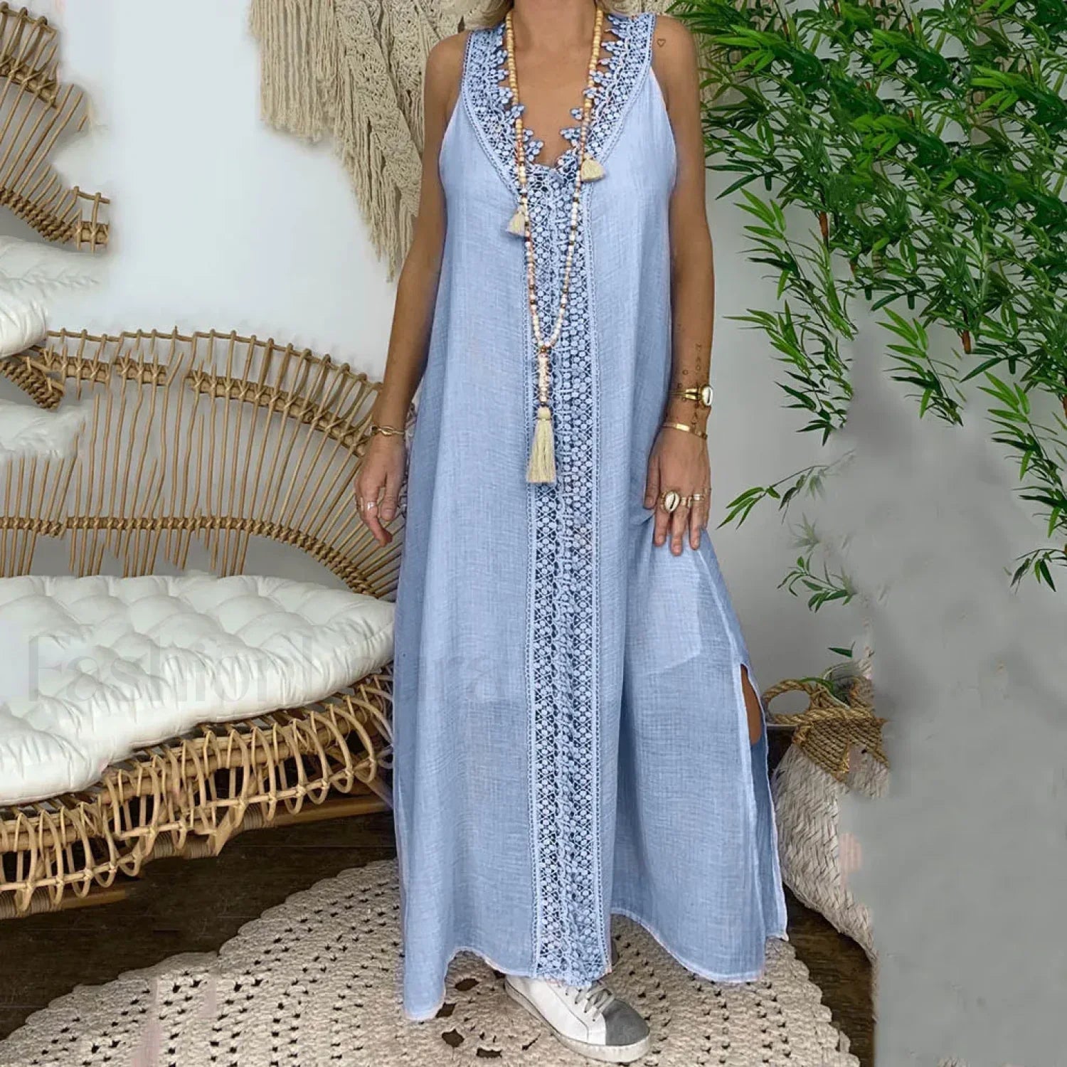 Lace Splice Sleeveless Boho Dress