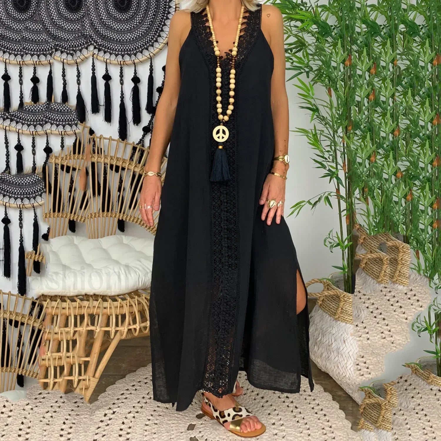 Lace Splice Sleeveless Boho Dress Black / M