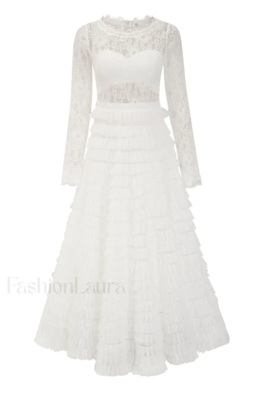 Lace Tiered Ruffle Charming Tulle Maxi Dress S / White