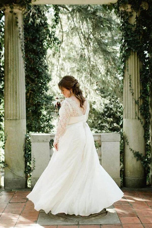 Lace Top Ivory Chiffon Plus Size Wedding Dresses with Long Sleeves (ZD16008)