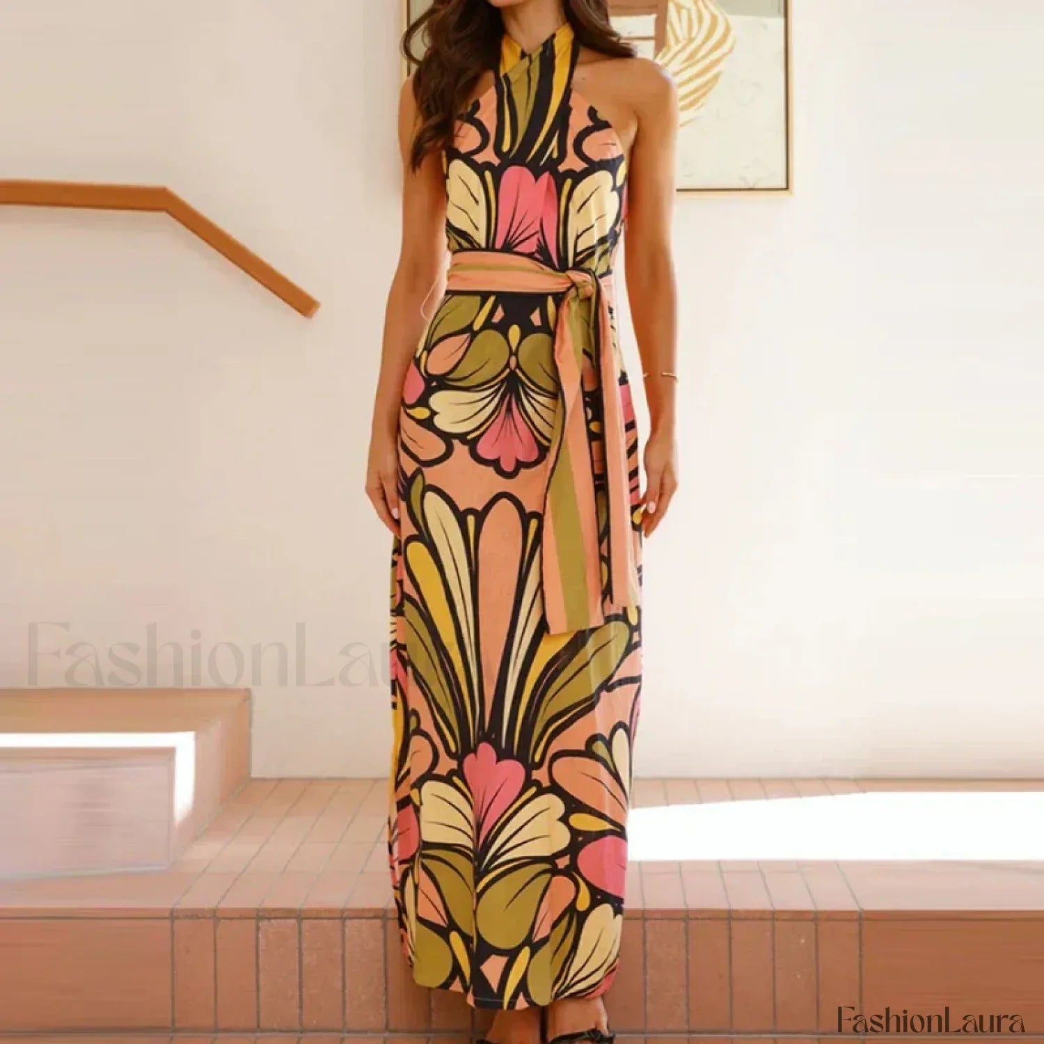 Lace Up Halter Contemporary Dress for Everyday Wear Boutique Fashion Style