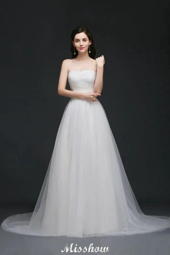 Lace White A-line Strapless Tulle Wedding Dress (ZD13927)