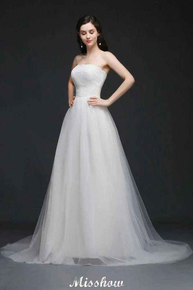 Lace White A-line Strapless Tulle Wedding Dress (ZD13927)