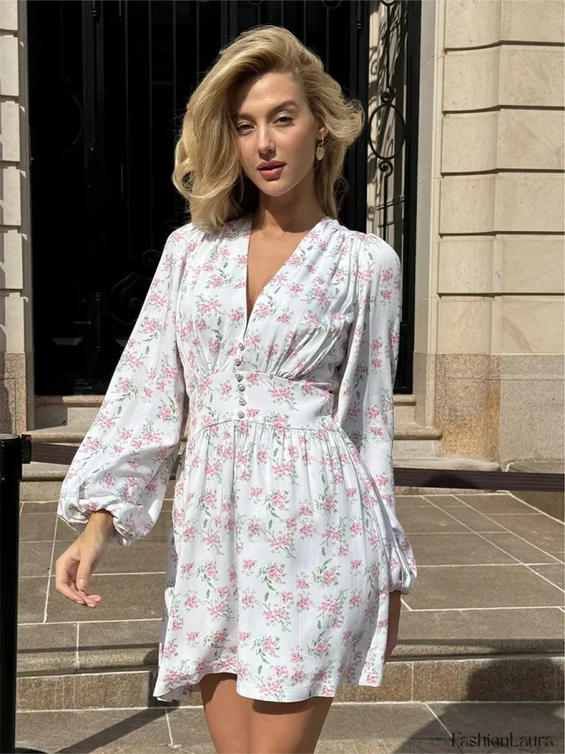 Lantern Sleeve Office Floral Dress