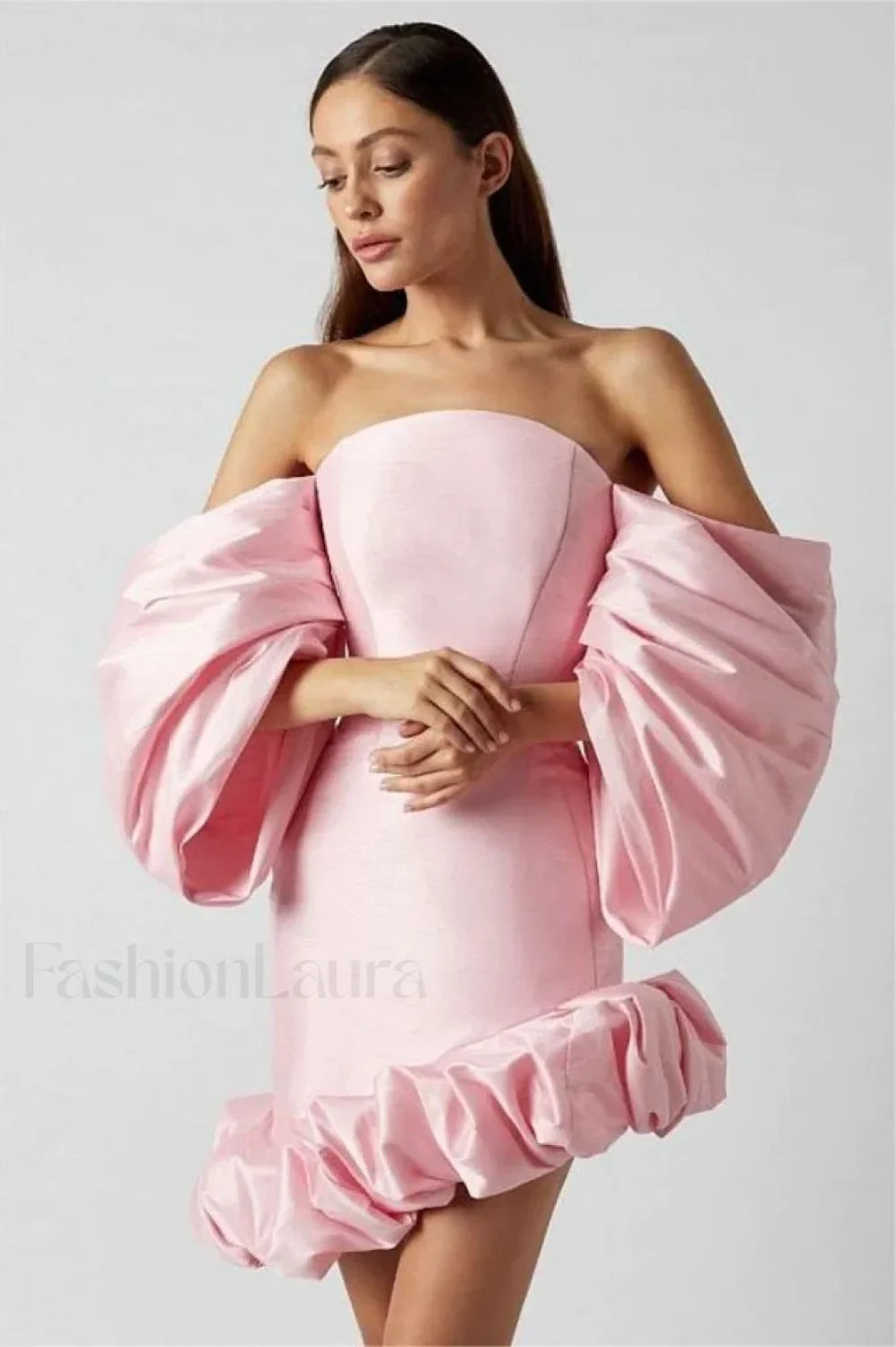 Lantern Sleeves Off Charming Shoulder Mini Dress XS / Blush