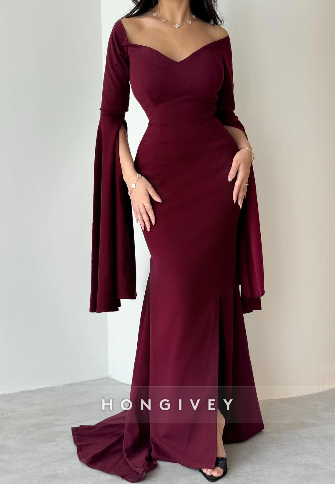 Trumpet Court Train Sweetheart Satin Half Sleeve Pleated Split Evening Gown