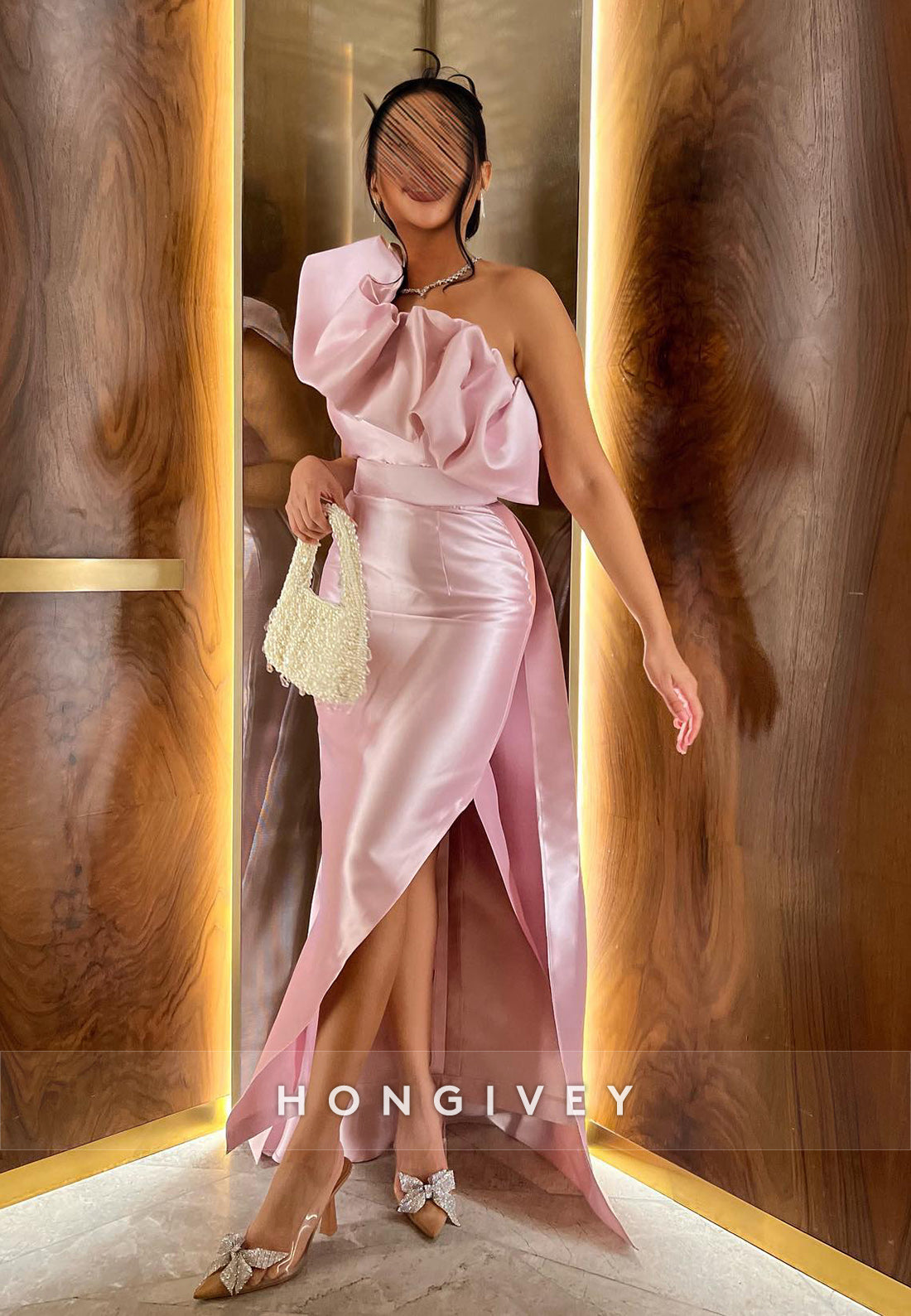 Column One Shoulder Evening Gown Floor-Length Satin Sleeveless Pleated