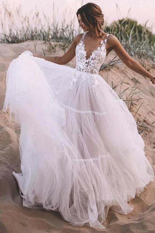 Layered Tulle Skirt Lace V Neck  Outdoor Wedding Dresses Bridal Gown (ZD16340)