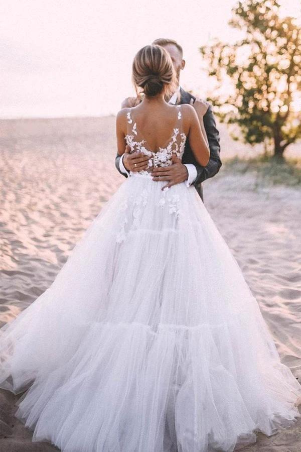 Layered Tulle Skirt Lace V Neck  Outdoor Wedding Dresses Bridal Gown (ZD16340)