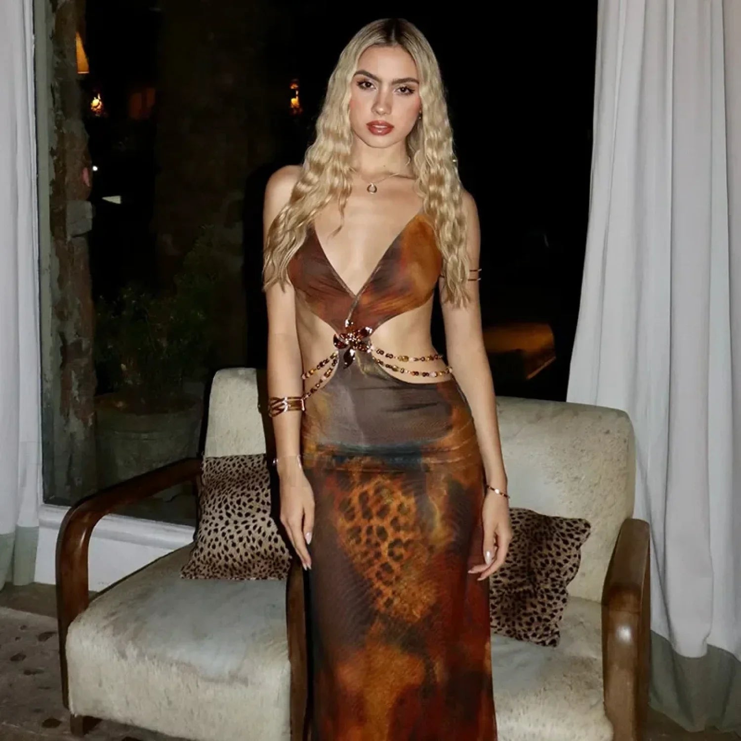 Leopard Deep V-Neck Floral Dress