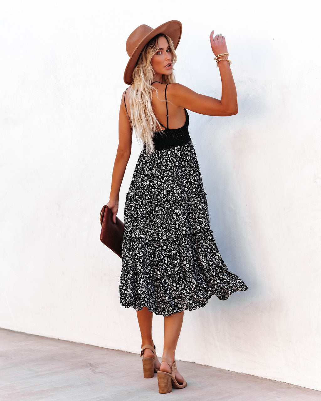 Let It Be Tiered Floral Lace Midi Dress Black