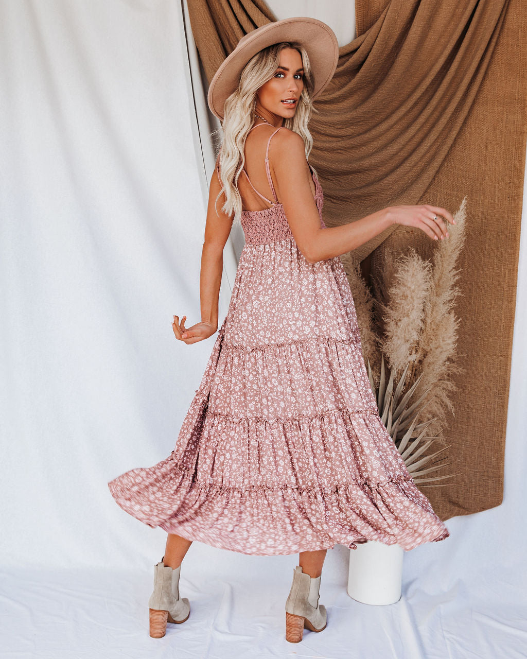 Let It Be Tiered Floral Lace Midi Dress Mauve