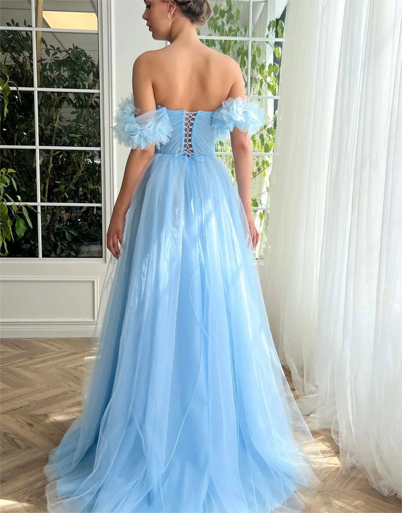 Blue Soft Tulle Prom Dress Off The Shoulder Pleat Ruched Floor Length Gown Homecoming Dresses Graduation Party