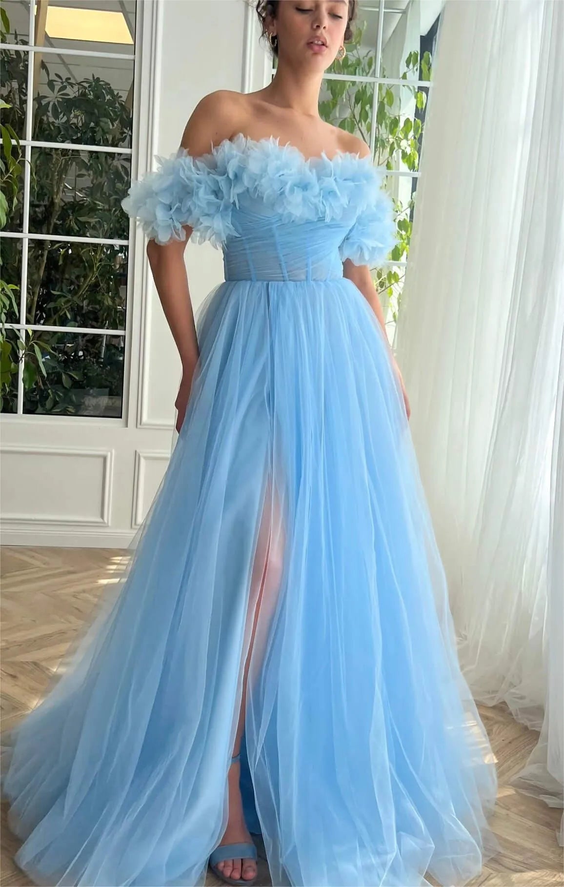 Blue Soft Tulle Prom Dress Off The Shoulder Pleat Ruched Floor Length Gown Homecoming Dresses Graduation Party