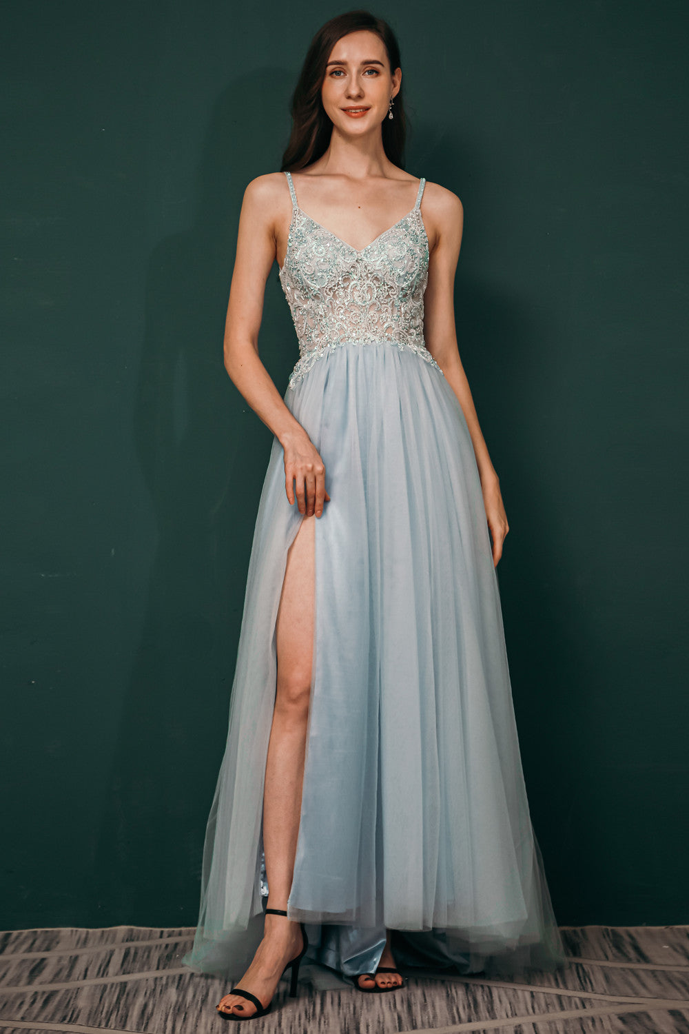 Light blue See-through Sparkle Appliques Prom Dress