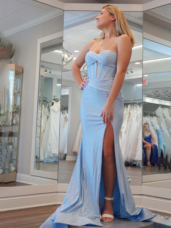 Light Blue Mermaid Strapless Corset Long Prom Dress with Slit