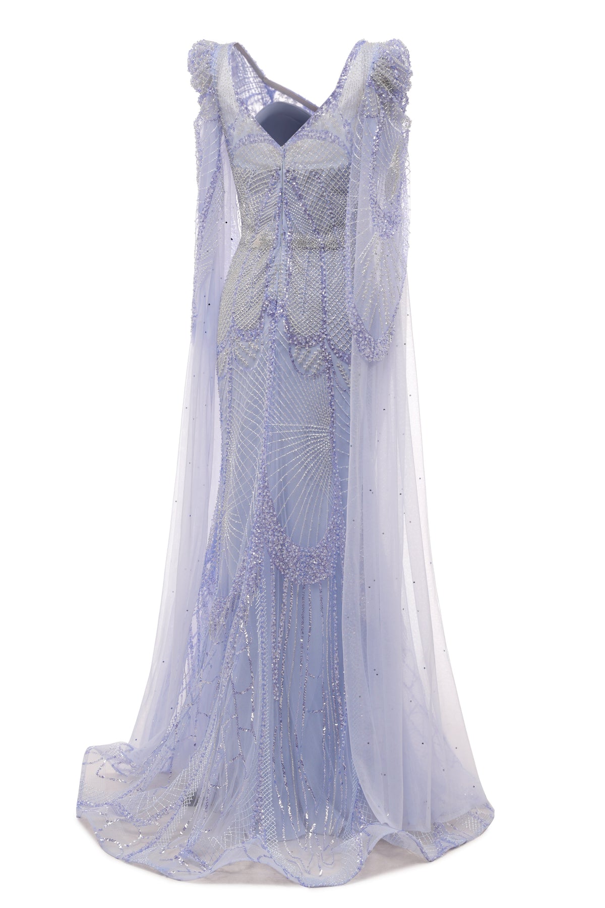 Lilac Tulle Beaded V-Neck Mermaid Tulle Evening Dresses