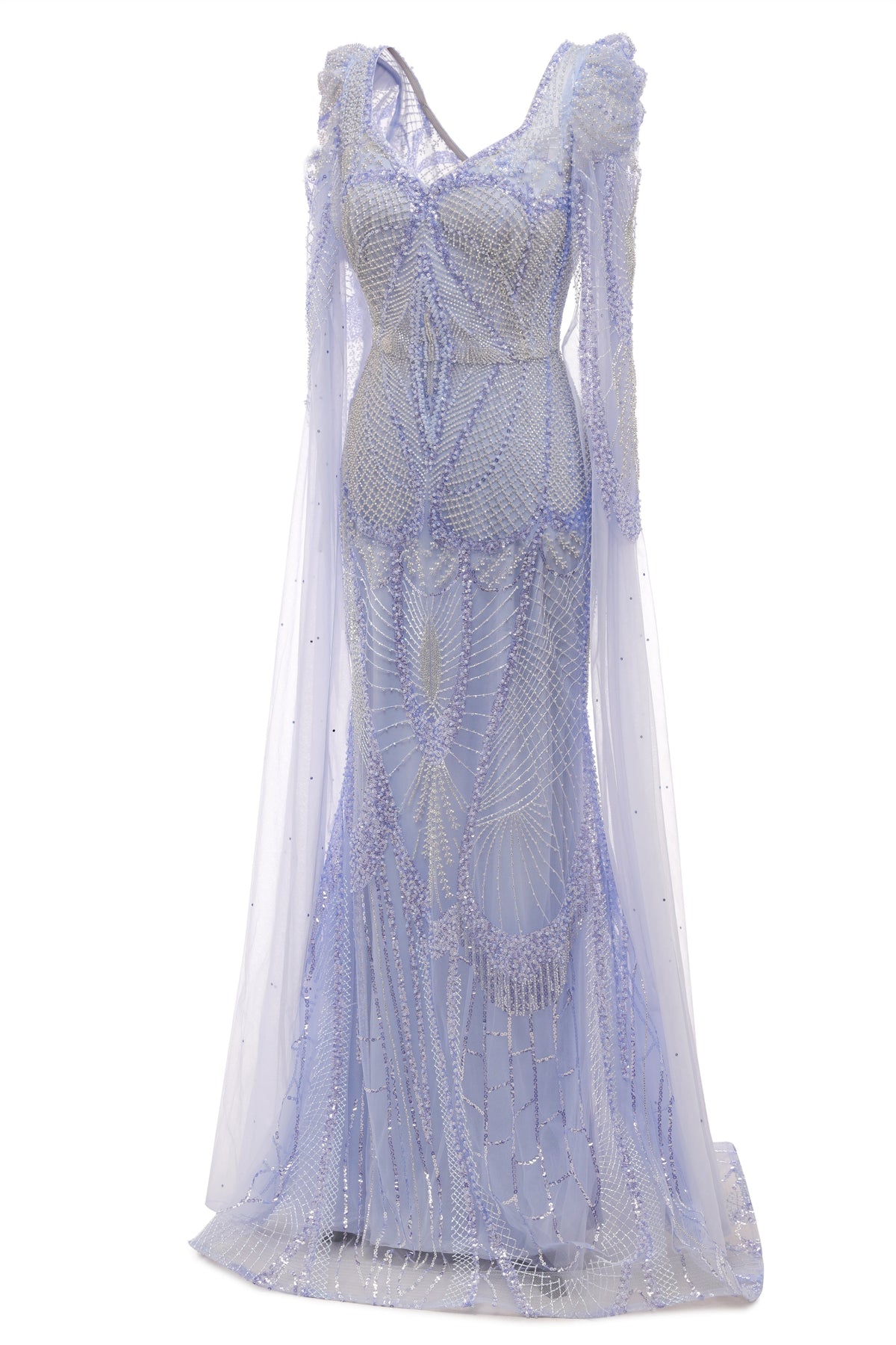 Lilac Tulle Beaded V-Neck Mermaid Tulle Evening Dresses