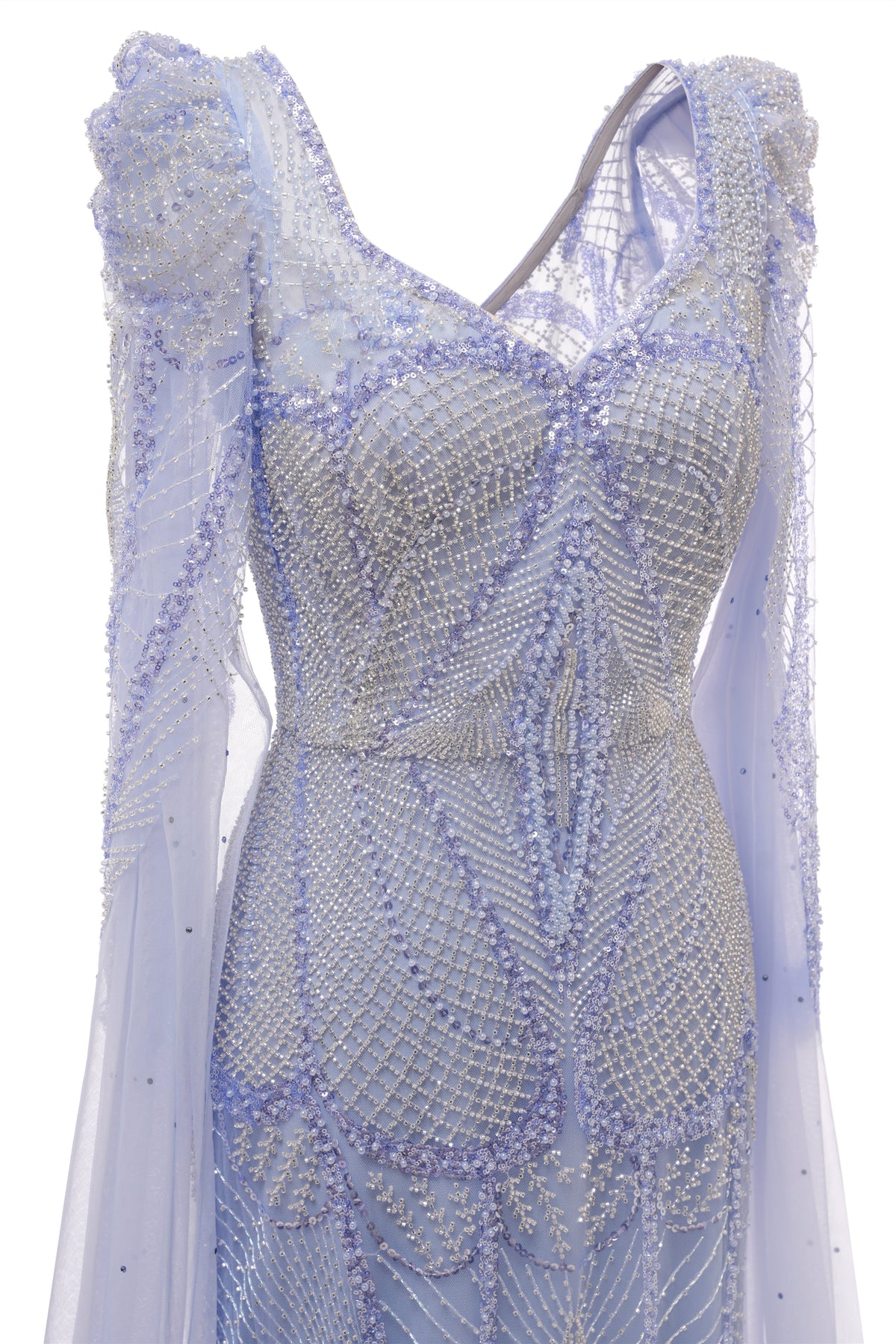 Lilac Tulle Beaded V-Neck Mermaid Tulle Evening Dresses