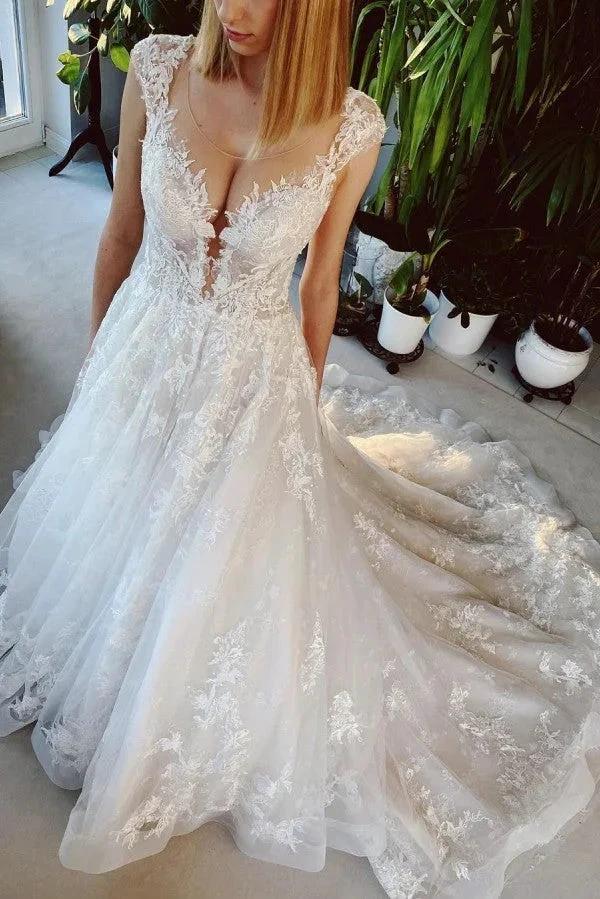 Long A-line Appliques Lace Backless Church Train Wedding Dress (ZD15093)