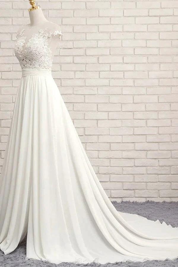 Long A-line Appliques Lace Chiffon Wedding Dress with Slit (ZD14415)
