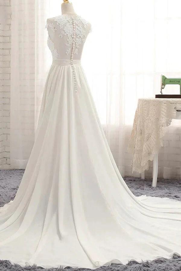 Long A-line Appliques Lace Chiffon Wedding Dress with Slit (ZD14415)