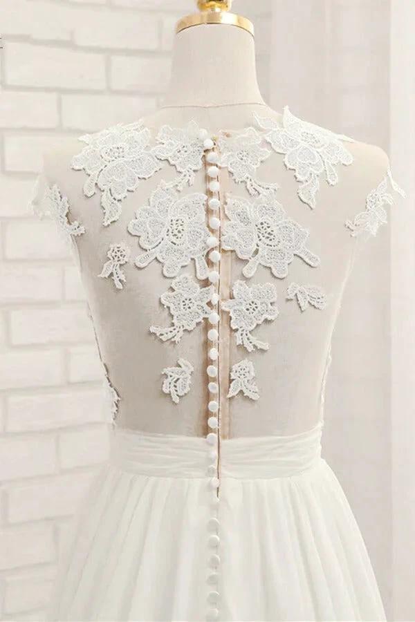 Long A-line Appliques Lace Chiffon Wedding Dress with Slit (ZD14415)