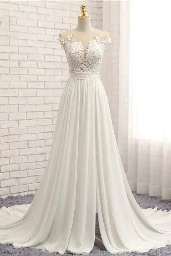 Long A-line Appliques Lace Chiffon Wedding Dress with Slit (ZD14415)