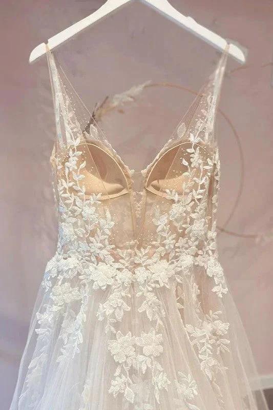Long A-Line Appliques Lace Spaghetti Straps Sweetheart Tulle Wedding Dresses (ZD15216)