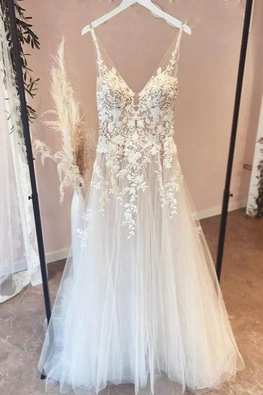 Long A-Line Appliques Lace Spaghetti Straps Sweetheart Tulle Wedding Dresses (ZD15216)