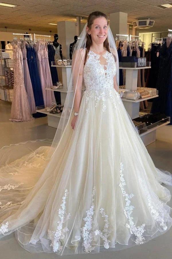 Long A-Line Appliques Lace Tulle Ruffles Backless Wedding Dress (ZD15092)