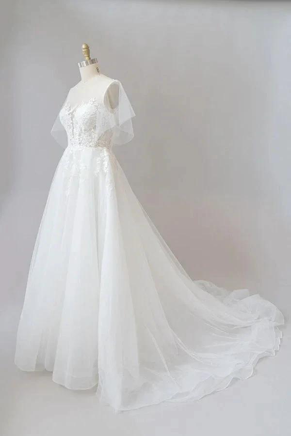 Long A-line Appliques Lace Tulle Wedding Dress with Sleeves (ZD16691)