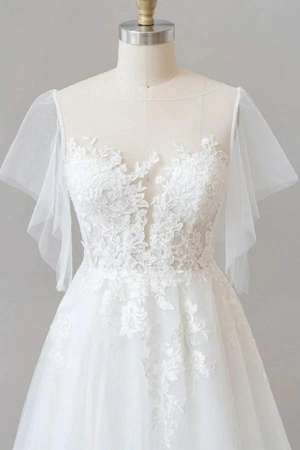 Long A-line Appliques Lace Tulle Wedding Dress with Sleeves (ZD16691)