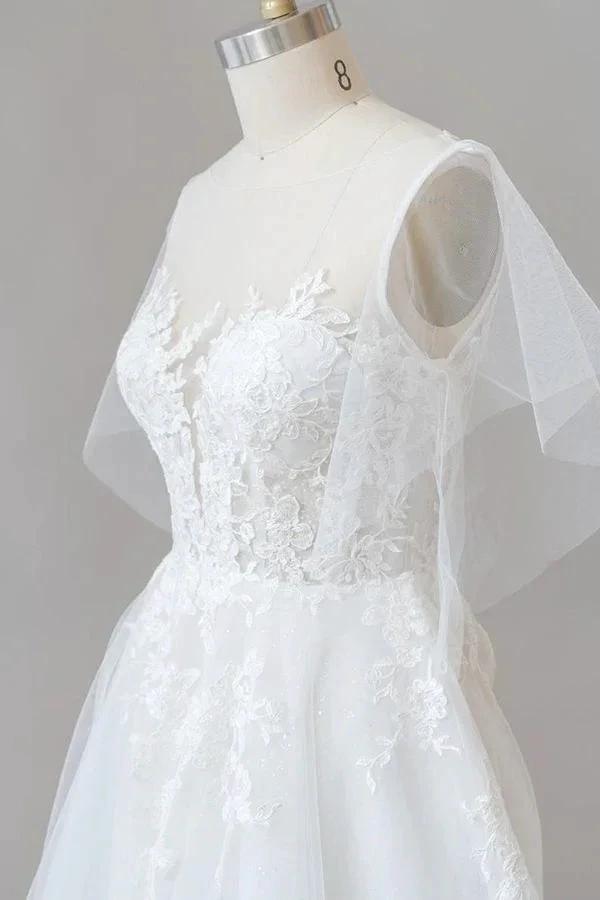 Long A-line Appliques Lace Tulle Wedding Dress with Sleeves (ZD16691)