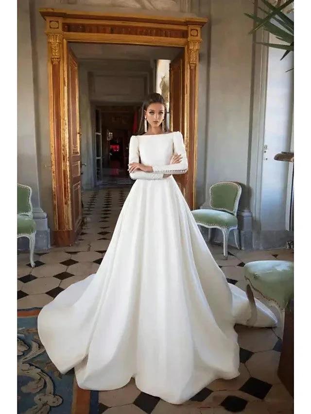 Long A-Line Bateau Neck Court Train Polyester Backless Wedding Dresses with Sleeves (ZD15954)