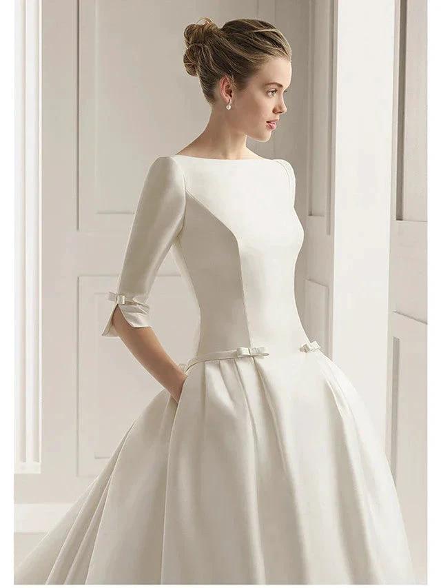 Long A-Line Bateau Neck Polyester Half Sleeve Backless Wedding Dresses with Pockets (ZD15969)