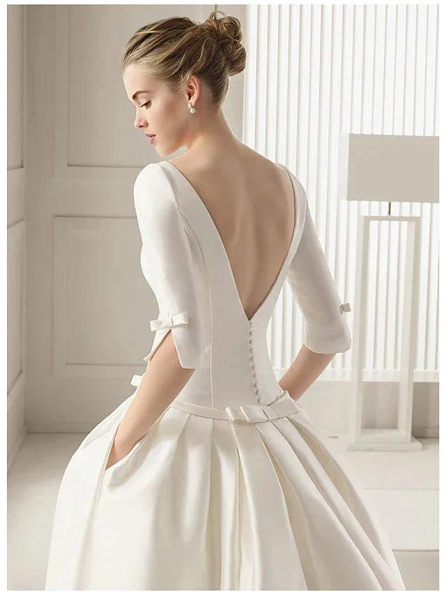 Long A-Line Bateau Neck Polyester Half Sleeve Backless Wedding Dresses with Pockets (ZD15969)
