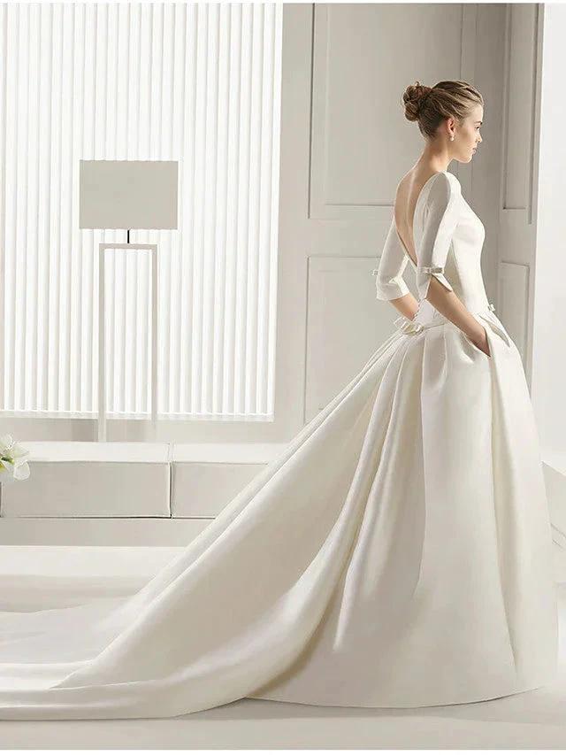 Long A-Line Bateau Neck Polyester Half Sleeve Backless Wedding Dresses with Pockets (ZD15969)