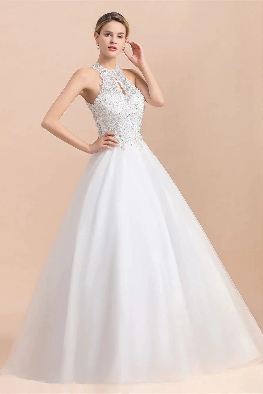 Long A-line Halter Lace Appliques Sequins Sleeveless Wedding Dress (ZD14416)