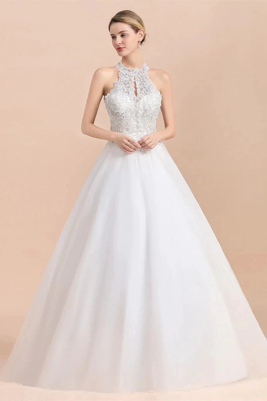 Long A-line Halter Lace Appliques Sequins Sleeveless Wedding Dress (ZD14416)
