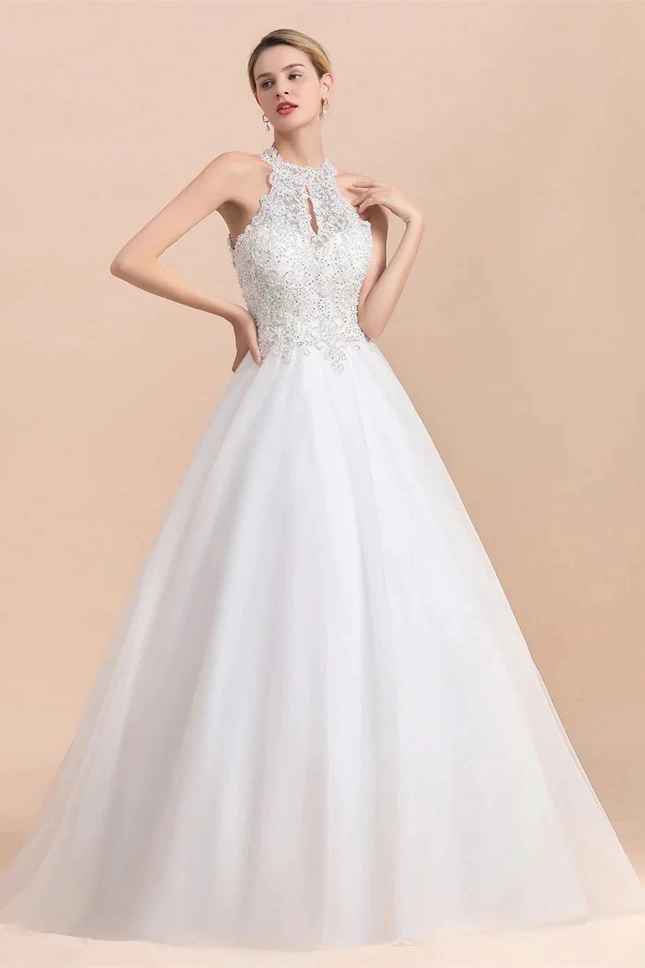 Long A-line Halter Lace Appliques Sequins Sleeveless Wedding Dress (ZD14416)