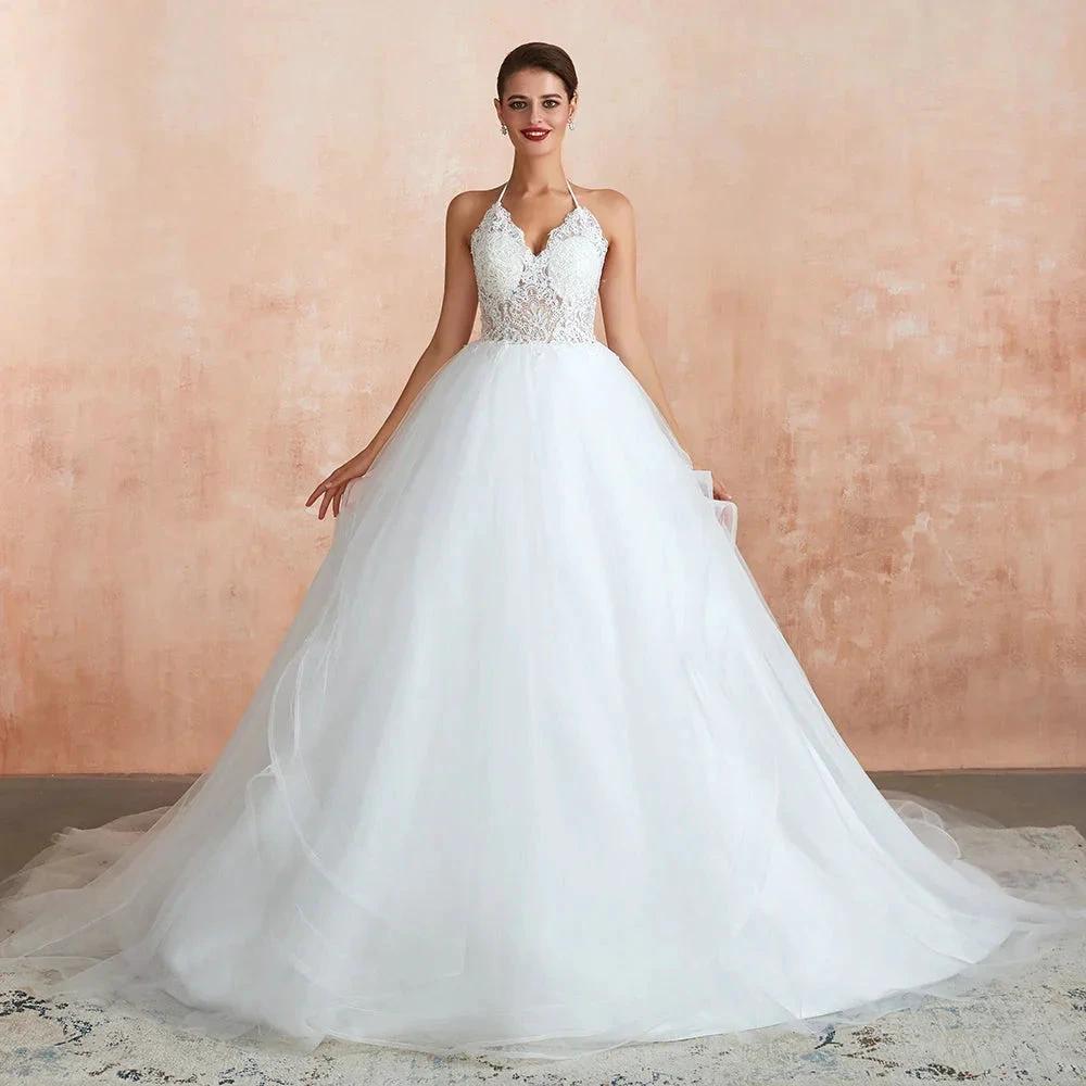 Long A-line Halter Open Back Appliques Tulle Wedding Dress (ZD14400)