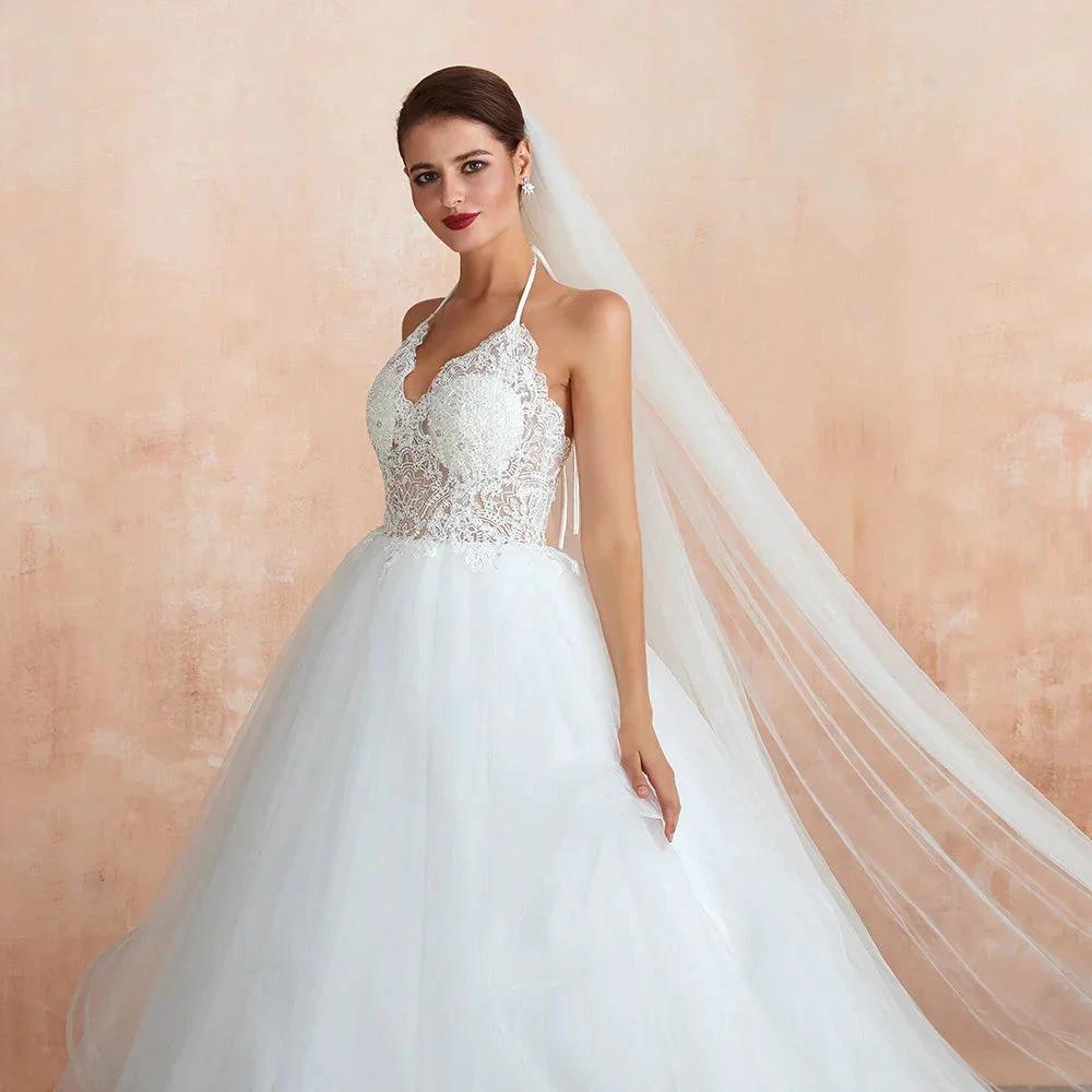Long A-line Halter Open Back Appliques Tulle Wedding Dress (ZD14400)