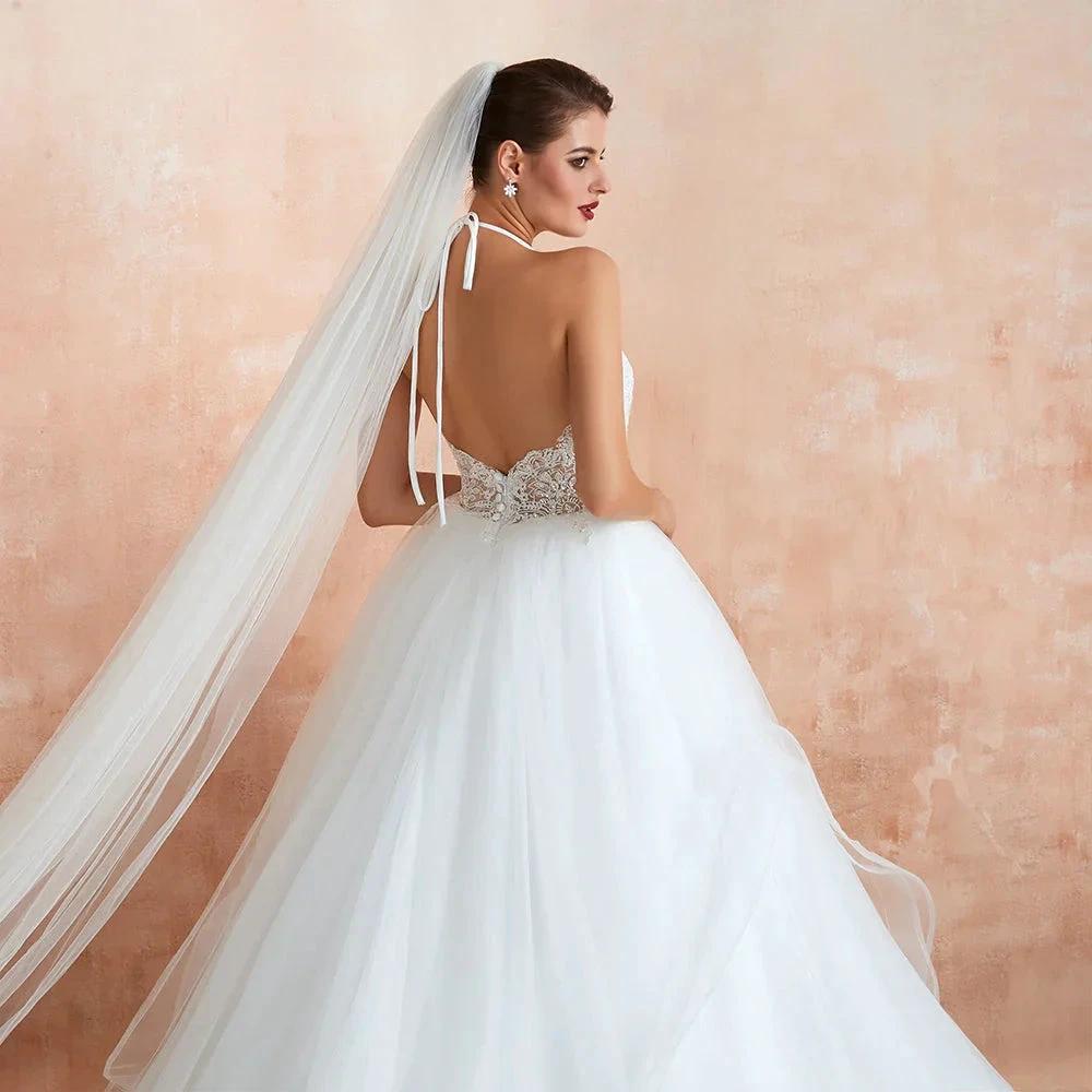 Long A-line Halter Open Back Appliques Tulle Wedding Dress (ZD14400)