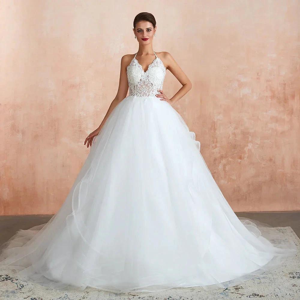 Long A-line Halter Open Back Appliques Tulle Wedding Dress (ZD14400)