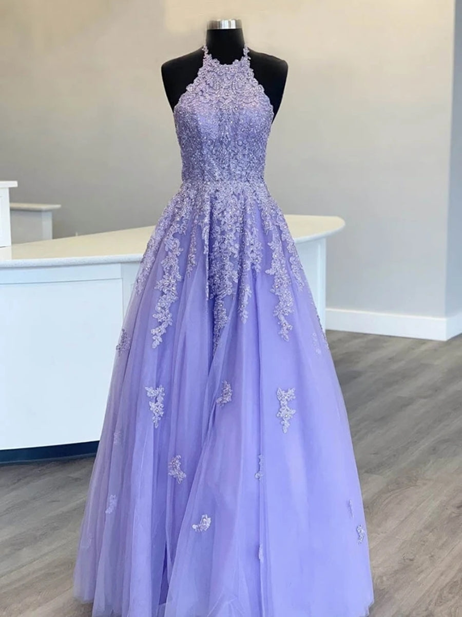 Long A-line Halter Tulle Lace Prom Formal Graduation Evening Dresses - VelvetHem