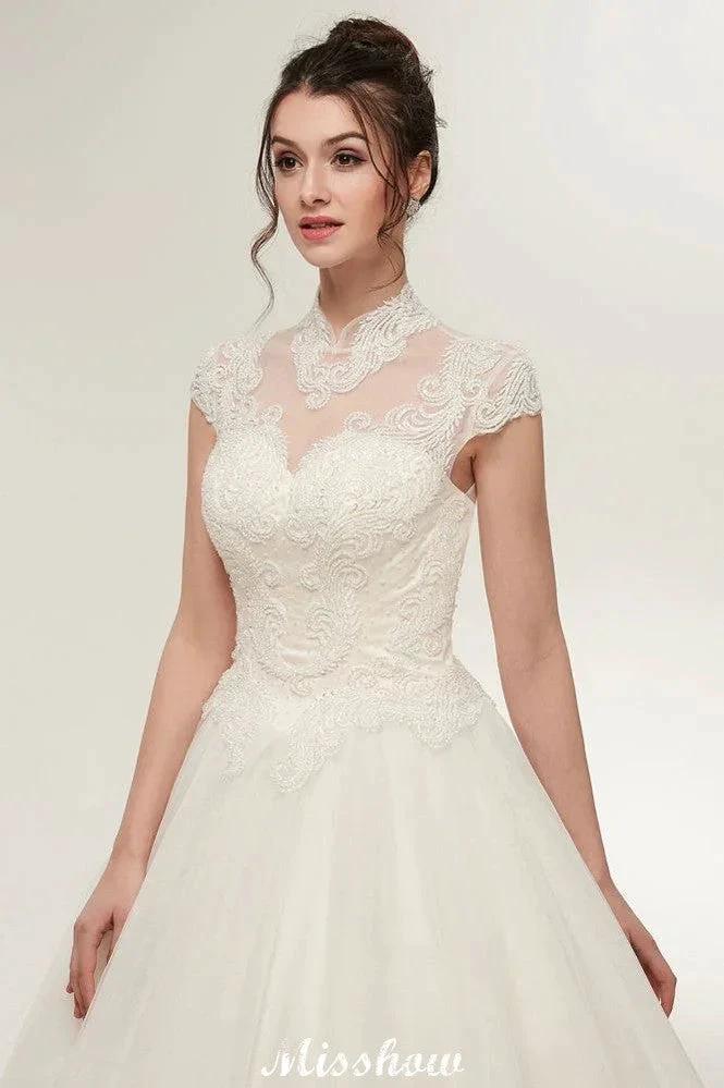 Long A-line High Neck Lace Appliques Short Sleeves Wedding Dresses with Lace-up (ZD13958)